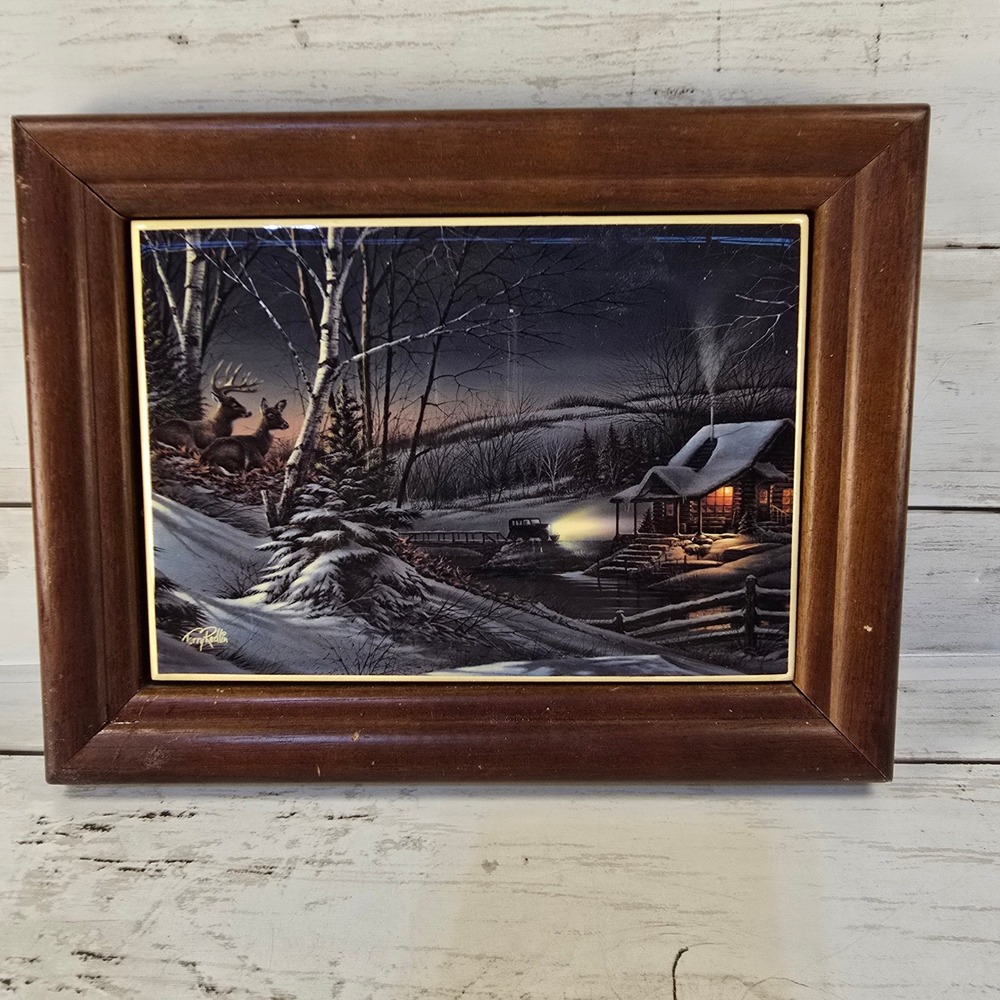 Terry Redlin Evening With Friends Walnut Tile Framed Art Cabin Winter Scene